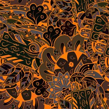 Tracery seamless pattern. Mehndi design. Dark sharp colors. Ethnic doodle tex Stock Illustration