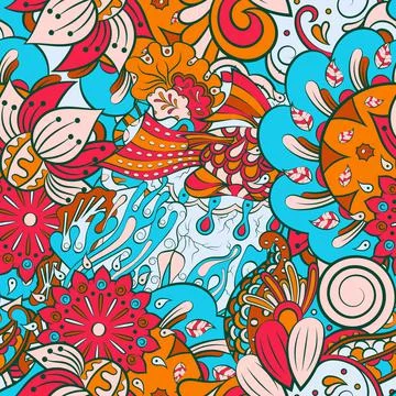 Tracery seamless pattern. Mehndi design. 7 colors. Ethnic doodle texture. Cur イラスト素材