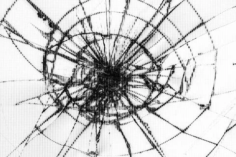 Traces of bumps and cracks on a broken white LCD screen, computer monitor or  Stock Photos