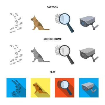 Traces on the ground, service shepherd, security camera, fingerprint. Prison set Stock Illustration