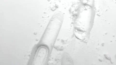 Traces of human boots on white fluffy snow. Close up Top View Stock Footage 148076428