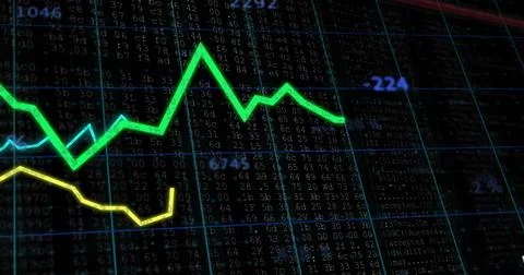 Tracing green line graph on trading monitor, with yellow graph blue grid overlay Stockillustratie