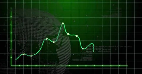 Tracing neon-green line graph across virtual dashboard, showing node markers, Stockillustratie