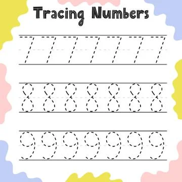 Tracing numbers 7, 8, 9 activity page for kids. Preschool writing worksheet Stock Illustration