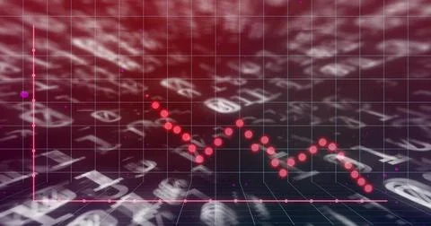 Tracing red or pink dotted downward trend line across virtual 3D grid plane, Stock Illustration