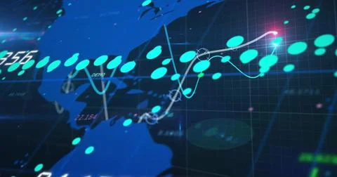 Tracing teal trend path with white curve across dashboard over blue map Ilustração Stock