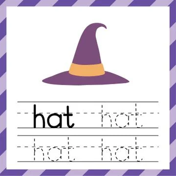 Tracing worksheet with the word - Hat. Phonic learning material or flashcard for Stock Illustration