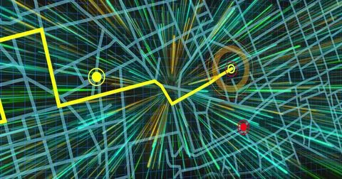 Tracing yellow zigzag route and concentric target, moving across navy network Stock Illustration