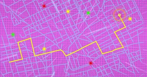 Tracing yellow zigzag route line moving across schematic map, showing bullseye Stock Photos