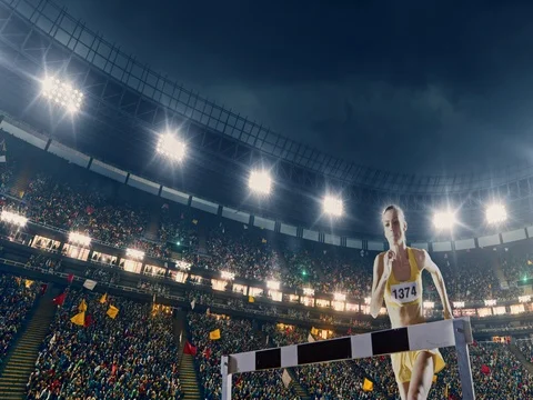 Track and field runner hurdles on sports arena Stock Footage 78448938