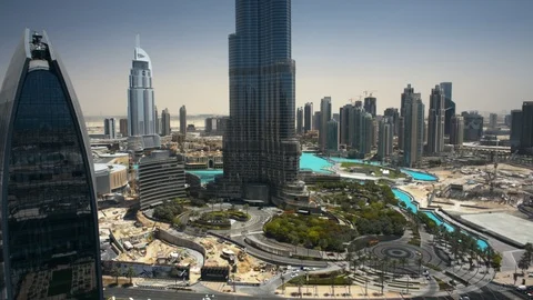 Track left at 100m facing Burj Khalifa. Stock Footage 98927163