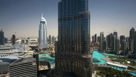 Track left centered on Burj Khalifa at 100m. Stock Footage 98920148