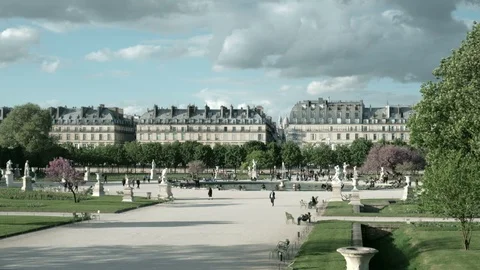 Track Left High Angle Balcony View Over Tuileries Garden Fountain Paris Stock Footage 93515579