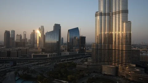 Track left past base of Burj Khalifa at 60m. Stock Footage 98950281