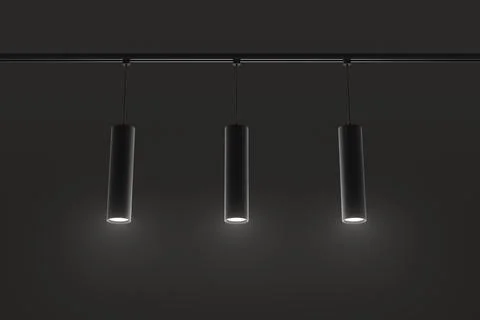 Track lighting system, pendant ceiling lamps at night 3d render. Modern black Illustrazione stock