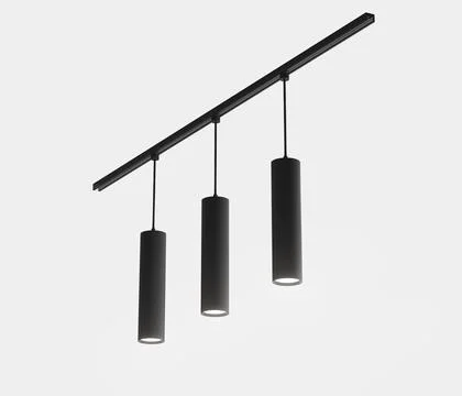 Track spot lights 3d render. Modern black metal tube LED lamps, realistic mockup Stock Illustration