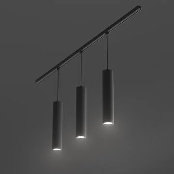 Track spot lights 3d render. Modern black metal tube LED lamps at night, mockup Stock Illustration