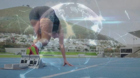Track sprinter on start cue, pushing blocks, racing as mesh animating over her Stock Footage 333278494