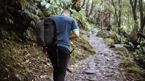 Track trail through mountains walking by muddy paths after rain amidst nature Stock-Footage 237691954