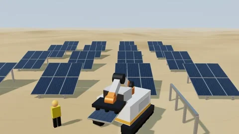 Tracked autonomous installer robot working across a desert solar panel farm Stockbeeldmateriaal 340329518