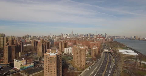 Tracking Aerial of New York City Midtown with Empire State and East River Stock Footage