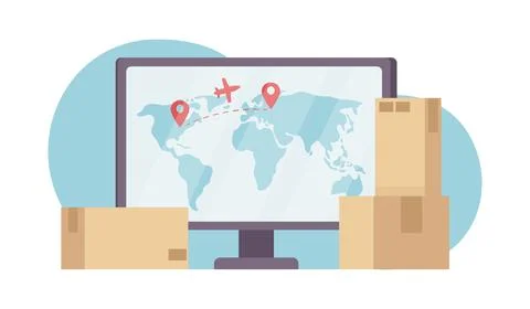 Tracking air cargo delivery with computer flat concept vector illustration Illustrazione stock