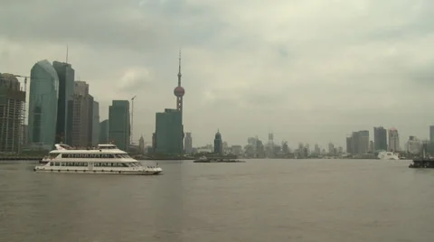Tracking along river, central Shanghai Stock Footage 38170213
