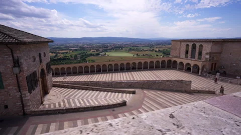 Tracking along an upper wall of the Basilica of Saint Francis of Assisi Stock Footage 248040727