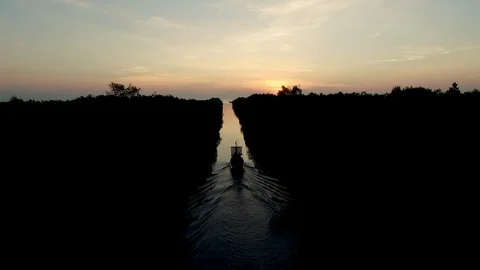 Tracking a boat by a beautiful large forest and river. Stock Footage 126072427