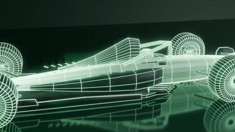 Tracking camera revealing open-wheel wireframe car in dark studio, glossy floor Stock Footage 337904255