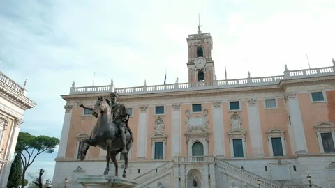Tracking Center Statue and Palazzo Senatorio Piazza Del Campidoglio Rome 4k Stock Footage 87172519