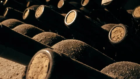 Tracking Close Shot of Old Aged Stacked Wine Bottles in a Cellar Stock Footage 254822030