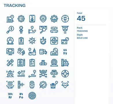 Tracking Complete Vector Package with 45 128x128 Bold Line PIXEL Perfect Icon Stock Illustration