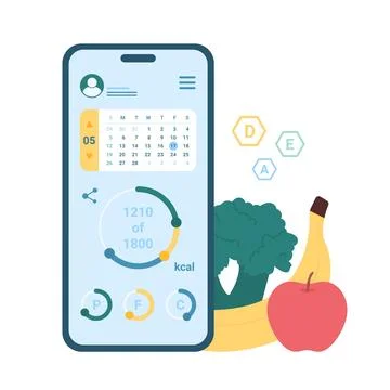Tracking of data nutrition in mobile app, calculator to count calories in food Stock Illustration