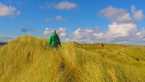 Tracking Dog Walker through Maram Grass Dunes Stock Footage 96708536