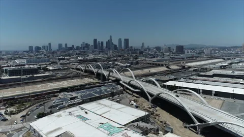 Tracking downtown LA skyline Stock Footage 201234767