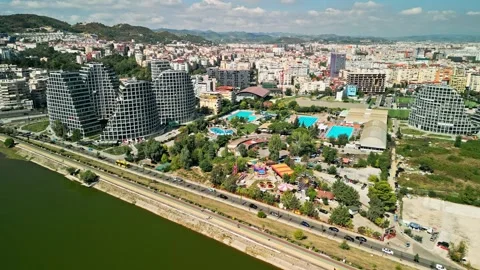 Tracking Drone Flight along Tirana Lake and Luna Park Stock Footage 342388062