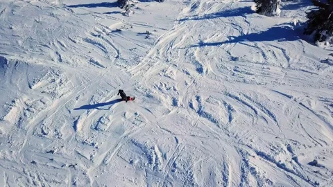 Tracking frame of a snowboarder riding in the forest, aerial shot 스톡 동영상 127659488