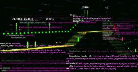 Tracking green dotted trend line with nodes on screen, showing yellow polygon, Stock Illustration