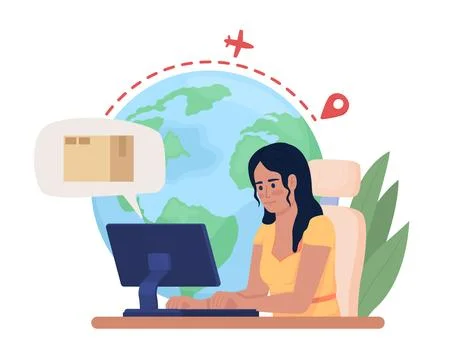 Tracking international package delivery using computer flat vector illustration イラスト素材