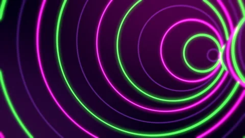 Tracking left close up of neon green and violet circles of different sizes. Stock Footage 145396340
