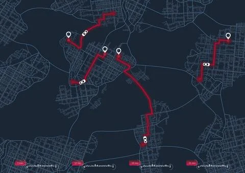 Tracking location and planned route on the map. Intended goals, destinations Stock Illustration