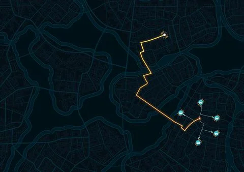 Tracking location and planned route on the map. Intended goals, destinations Stock Illustration