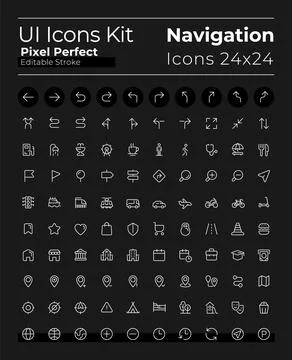 Tracking location pixel perfect white linear ui icons set for dark theme Stock Illustration