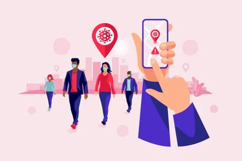 Tracking Location Smartphone App with Group People Wearing Face Mask Stock Illustration