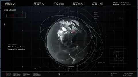 Tracking the location with space satellites on global map of planet earth Stock Footage 160071141