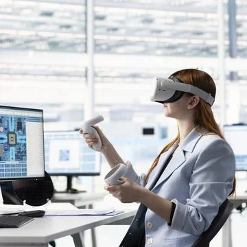 Tracking microchip defects data, VR equipment and researcher Stock Photos