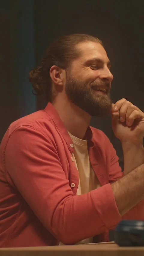 Tracking moving around shot of handsome smiling young Caucasian man with beard Stock-Footage 278304356