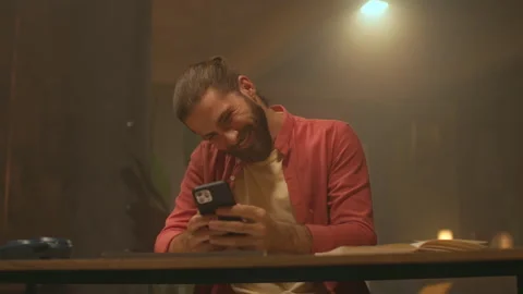 Tracking moving around shot of handsome smiling young Caucasian man with beard Stock-Footage 278307383