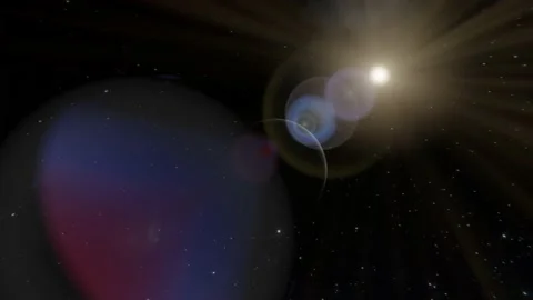 Tracking out epic shot of the Moon. Lens sun flare over the Moon flying in space Stock Footage 146168660